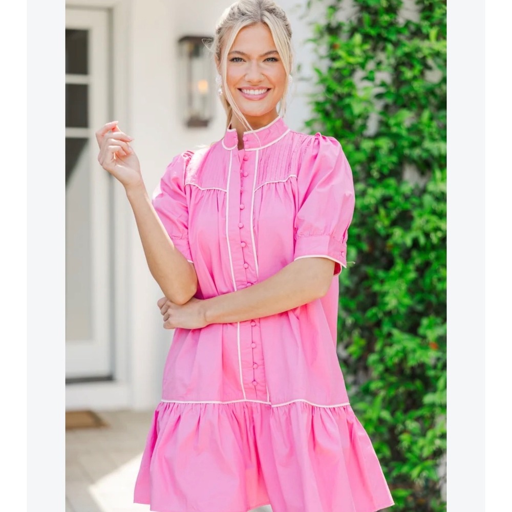 TCEC Pink Cotton Mini Dress Short Puff Sleeve Tiered Babydoll Pleated Small